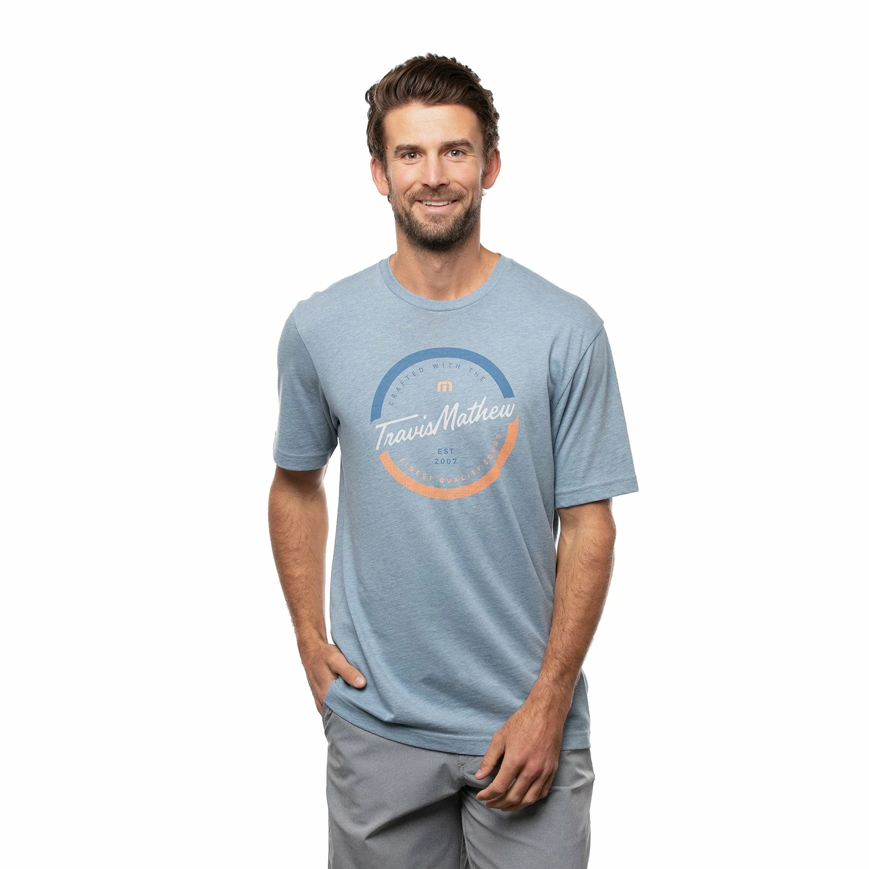 TravisMathew Mixologist Heather Federal Blue Mens Golf T-Shirt 1 TravisMathew Mixologist Heather Federal Blue Mens Golf T-Shirt