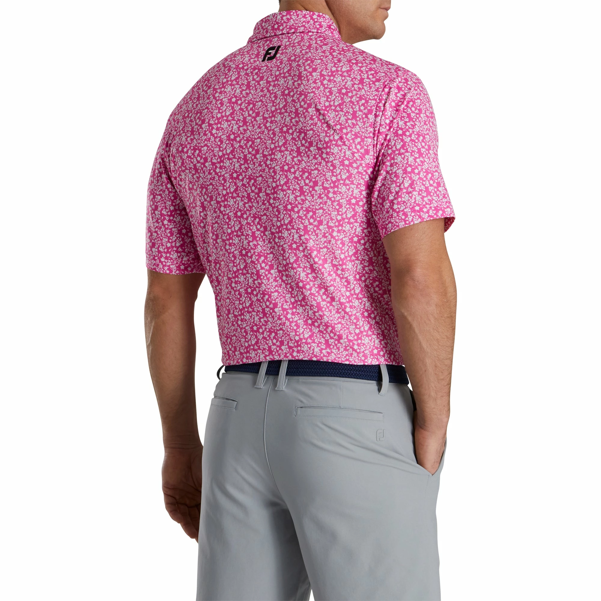 FootJoy Floral Vines Lisle Hot Pink Mens Golf Polo 2 FootJoy Floral Vines Lisle Hot Pink Mens Golf Polo - Image 2